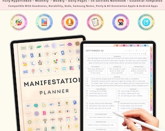 Digitale Manifestation Journal & Vision Board | Gesetz der Anziehungskraft GoodNotes Planner, Affirmation, Schattenarbeit, Dankbarkeit, Mindfulness Tool