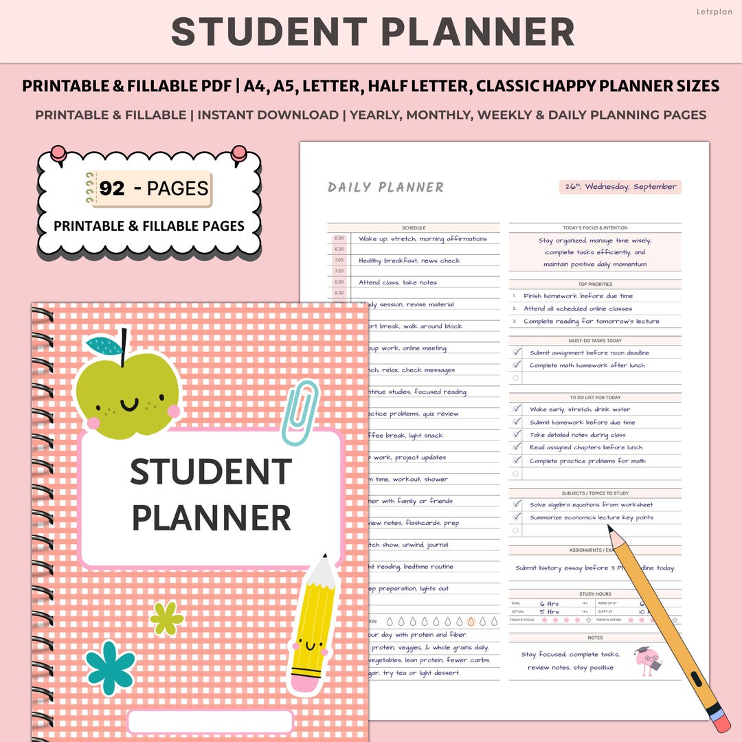 Printable Student Planner | Study Academic Organizer | Assignment Exam ...