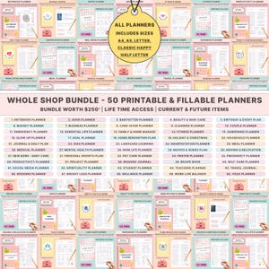 May include: A collection of 50 printable and fillable planners, including sizes A4, A5, Letter, Classic Happy, and Half Letter. The planners cover various topics such as wellness, business, and personal growth. Each planner is displayed with a pencil.
