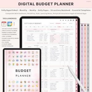 Puede incluir: Planificador de presupuesto digital que se muestra en una tableta y un dispositivo más pequeño. El planificador presenta un diseño mensual, semanal y diario con 56 secciones. El texto "Budget Planner" es visible en el dispositivo más pequeño. Compatible con iOS y Android.