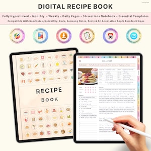 May include: A digital recipe book displayed on two tablets. The book features a clean, modern design with the title "DIGITAL RECIPE BOOK" at the top. The book is fully hyperlinked and compatible with various note-taking apps. The recipe book includes a breakfast recipe.
