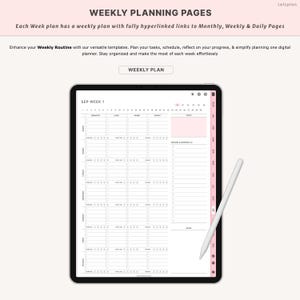 K&ouml;nnte beinhalten: Ein digitaler Wochenplaner auf einem Tablet, mit Abschnitten f&uuml;r Mahlzeiten und Aufgaben. Der Text "WEEKLY PLANNING PAGES" steht oben. Ein wei&szlig;er Stift liegt rechts. Der Planer soll die Wochenroutine verbessern.