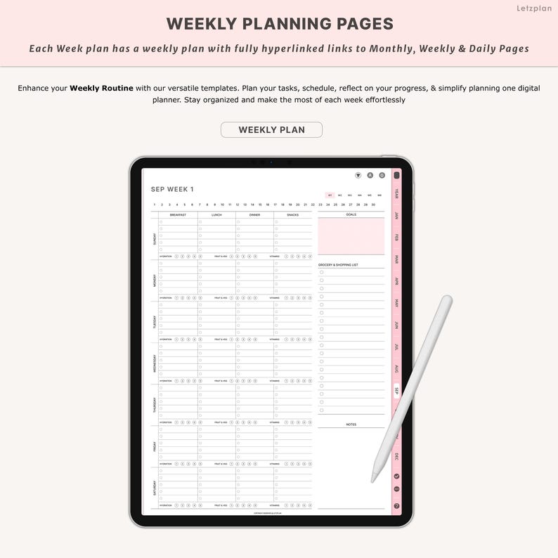 K&ouml;nnte beinhalten: Ein digitaler Wochenplaner auf einem Tablet, mit Abschnitten f&uuml;r Mahlzeiten und Aufgaben. Der Text "WEEKLY PLANNING PAGES" steht oben. Ein wei&szlig;er Stift liegt rechts. Der Planer soll die Wochenroutine verbessern.