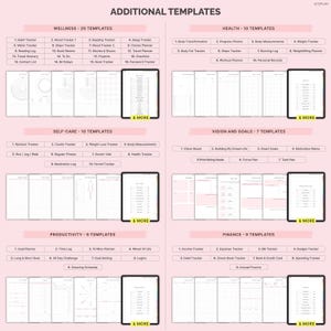 May include: Digital planner templates are displayed, covering wellness, health, self-care, vision, goals, productivity, and finance. Each section offers multiple templates, including habit trackers, goal planners, and budget trackers. The templates are shown on digital tablets.