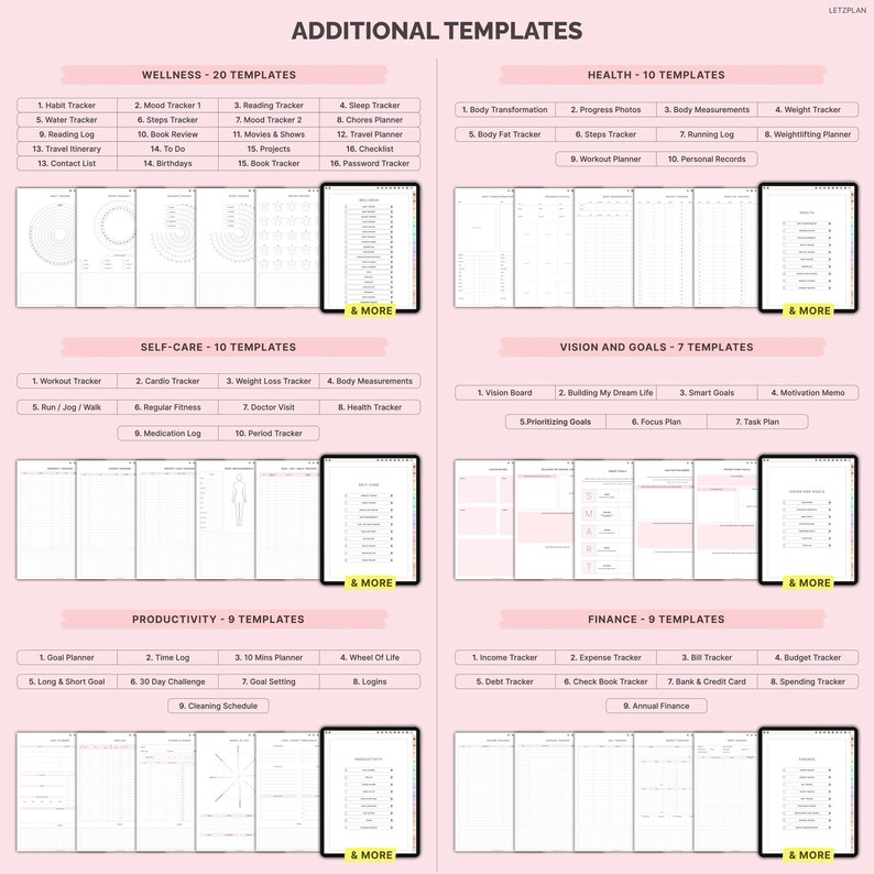 May include: Digital planner templates are displayed, covering wellness, health, self-care, vision, goals, productivity, and finance. Each section offers multiple templates, including habit trackers, goal planners, and budget trackers. The templates are shown on digital tablets.