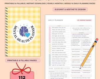 Printable Mental Health Planner Bundle | Undated Anxiety & Mood Tracker | Therapy Journal | Self Care Workbook A4 A5 Letter | Fillable PDF