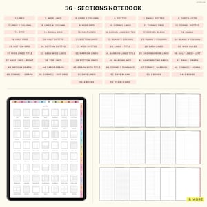 May include: A digital notebook with 56 different sections, including lined, dotted, grid, and Cornell note layouts. The notebook is displayed on a tablet with a colourful tabbed edge, showcasing various page designs for planning and note-taking.