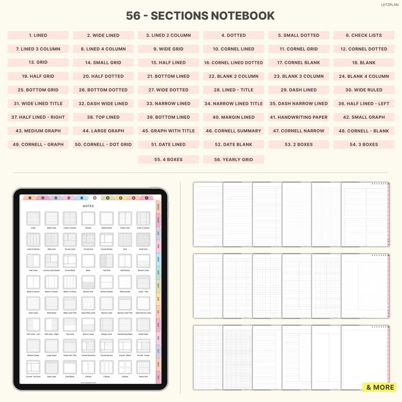 May include: A digital notebook with 56 different sections, including lined, dotted, grid, and Cornell note layouts. The notebook is displayed on a tablet with a colourful tabbed edge, showcasing various page designs for planning and note-taking.