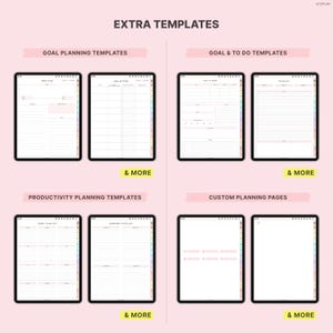 K&ouml;nnte beinhalten: Digitale Planervorlagen auf schwarzen Tablets. Das Bild zeigt Vorlagen f&uuml;r die Zielplanung, Ziel- und To-Do-Listen, Produktivit&auml;tsplanung und benutzerdefinierte Planungsseiten. Der Text "EXTRA TEMPLATES" ist auf einem rosa Hintergrund sichtbar.