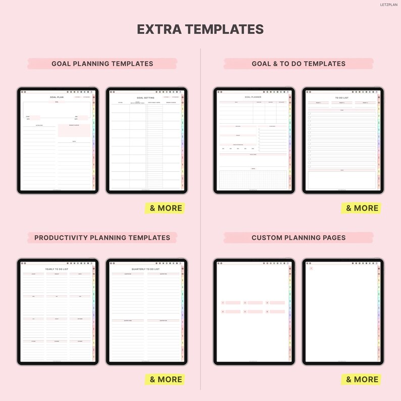 K&ouml;nnte beinhalten: Digitale Planervorlagen auf schwarzen Tablets. Das Bild zeigt Vorlagen f&uuml;r die Zielplanung, Ziel- und To-Do-Listen, Produktivit&auml;tsplanung und benutzerdefinierte Planungsseiten. Der Text "EXTRA TEMPLATES" ist auf einem rosa Hintergrund sichtbar.