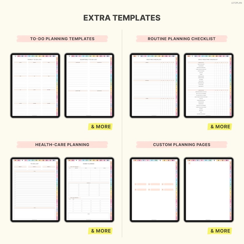Op de afbeelding: Een digitale planner templates display met de tekst "EXTRA TEMPLATES" bovenaan. De afbeelding toont verschillende planning templates, waaronder takenlijsten, routine checklists en gezondheidszorg planning pagina's. Elke template wordt weergegeven op een tablet.