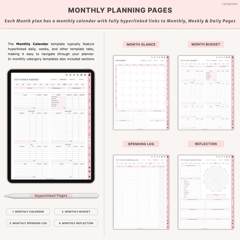 May include: Digital planner pages with a monthly calendar, budget, spending log, and reflection sections. The pages are displayed on a tablet with a stylus, all in a soft pink and white color scheme. The text reads "Monthly Planning Pages."