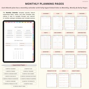 May include: Digital planner pages with a monthly calendar, weekly and daily pages, and hyperlinked tabs. Includes sections for finance, trackers, skincare, shopping, and beauty ideas. The planner is displayed on a tablet with a stylus.