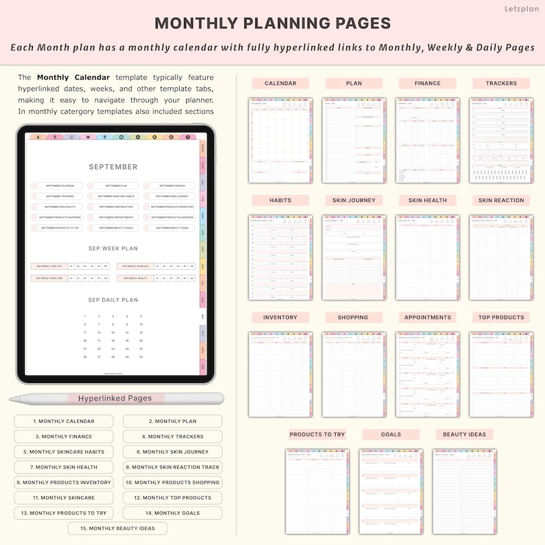 May include: Digital planner pages with a monthly calendar, weekly and daily pages, and hyperlinked tabs. Includes sections for finance, trackers, skincare, shopping, and beauty ideas. The planner is displayed on a tablet with a stylus.