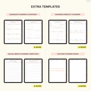 May include: Digital planner templates displayed on tablets. The image shows various planning pages, including business overview, product planning, social media, and custom pages. The templates have colorful borders and are labeled with text.