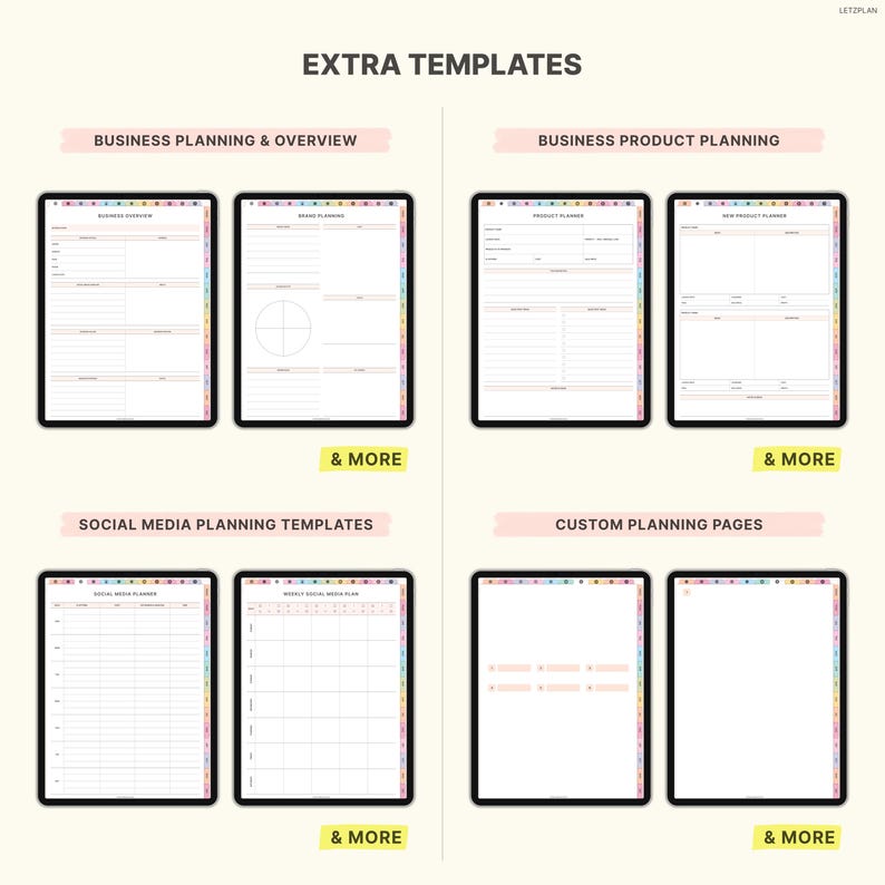 May include: Digital planner templates displayed on tablets. The image shows various planning pages, including business overview, product planning, social media, and custom pages. The templates have colorful borders and are labeled with text.