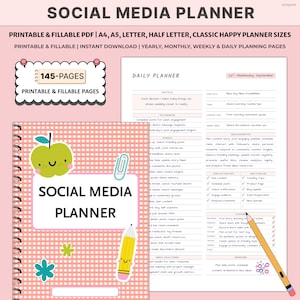 May include: A pink and white checkered Social Media Planner with a spiral binding. The cover features an apple graphic, the words "SOCIAL MEDIA PLANNER", and a pencil illustration. The planner includes 145 pages and is printable.