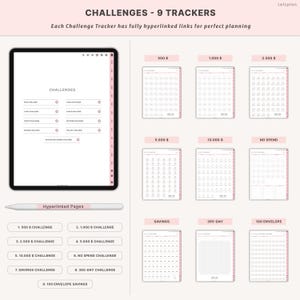 May include: Digital planner with nine challenge trackers, including savings and no-spend challenges. The trackers are displayed on a tablet and individual pages, with pink accents and the text "CHALLENGES - 9 TRACKERS".