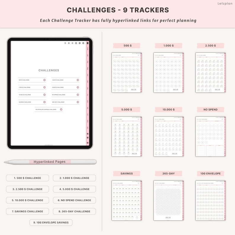 May include: Digital planner with nine challenge trackers, including savings and no-spend challenges. The trackers are displayed on a tablet and individual pages, with pink accents and the text "CHALLENGES - 9 TRACKERS".