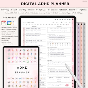 Pode incluir: Planejador digital para TDAH exibido em um tablet e um dispositivo menor. O planejador apresenta visualizações diárias, semanais e mensais, com seções para tarefas e notas. O texto "ADHD PLANNER" é visível. Compatível com iOS e Android.