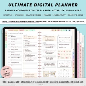 May include: Digital planner with a minimalist design. The planner includes sections for daily schedules, to-do lists, and notes. The image shows a tablet displaying the planner's interface, with colour-coded tabs and a variety of planning tools.