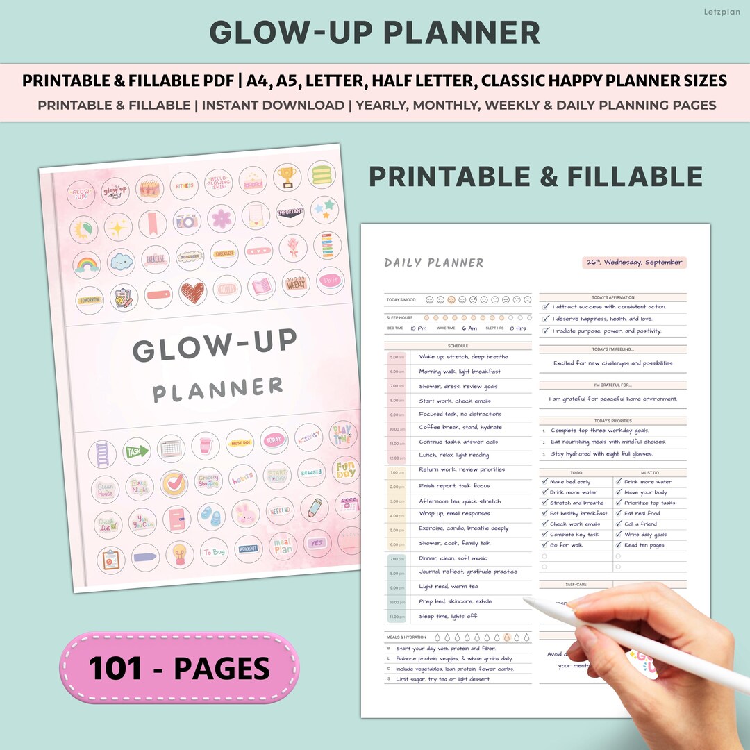 Glow up Planner Printable | Self Care Habit Fitness Tracker | Mindset ...