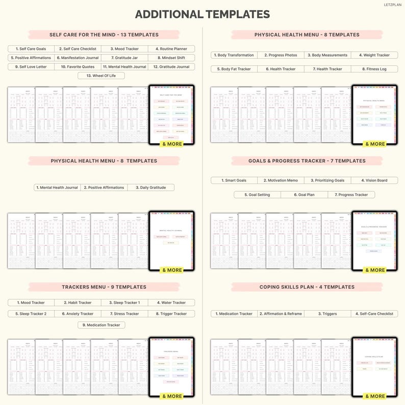 May include: Digital templates for self-care, physical health, goals, and coping skills. Includes trackers for mood, sleep, and water intake. Features templates for mental health, gratitude, and affirmations. The image shows various digital templates.