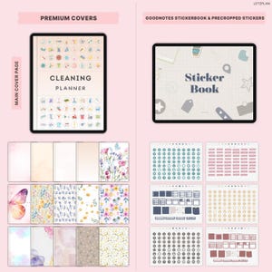 K&ouml;nnte beinhalten: Digitaler Planer und Aufkleber-Set. Das Bild zeigt ein Tablet mit einem "Cleaning Planner"-Cover und einem "Sticker Book"-Cover. Darunter befinden sich verschiedene digitale Cover-Designs mit Blumen- und Schmetterlingsmustern sowie Aufkleberb&ouml;gen.