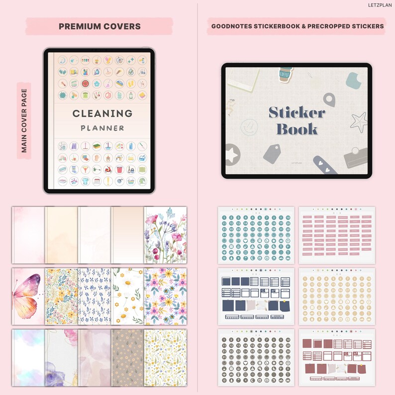 K&ouml;nnte beinhalten: Digitaler Planer und Aufkleber-Set. Das Bild zeigt ein Tablet mit einem "Cleaning Planner"-Cover und einem "Sticker Book"-Cover. Darunter befinden sich verschiedene digitale Cover-Designs mit Blumen- und Schmetterlingsmustern sowie Aufkleberb&ouml;gen.