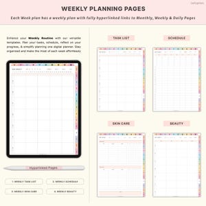 May include: Digital weekly planner pages with task list, schedule, skincare, and beauty sections. The planner includes hyperlinked pages and is designed to enhance your weekly routine. The text on the image says "Weekly Planning Pages".