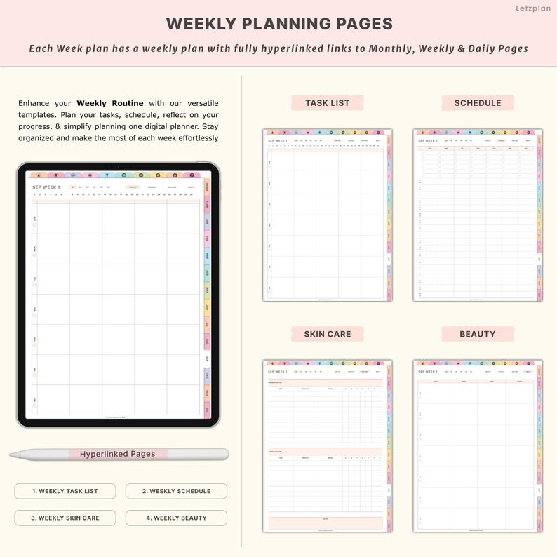 May include: Digital weekly planner pages with task list, schedule, skincare, and beauty sections. The planner includes hyperlinked pages and is designed to enhance your weekly routine. The text on the image says "Weekly Planning Pages".
