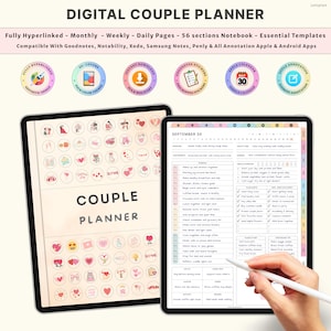 May include: Digital couple planner displayed on two tablets. The planner features a fully hyperlinked design with monthly, weekly, and daily pages. It includes 56 sections and essential templates, compatible with various note-taking apps. The planner's cover has a variety of icons.