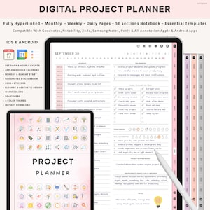 May include: Digital project planner on a tablet and smaller device. The planner includes daily, weekly, and monthly views, with sections for tasks, notes, and appointments. The text on the screen reads "Project Planner".