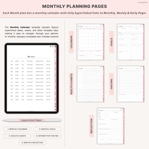 May include: Digital planner with monthly planning pages. The image shows a tablet displaying a monthly calendar, with tabs for goals, health, fasting, and reflection. A stylus and text labels are also visible.
