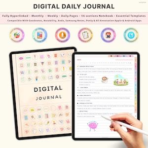 May include: Two digital journals displayed on tablets. The left tablet shows a grid of icons, while the right displays a daily page with handwritten notes and illustrations. The text "DIGITAL JOURNAL" is visible. The image includes icons and text promoting features.