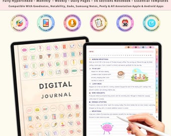 Digital Daily Journal Notebook for iPad GoodNotes | Lined Journal with Note Taking Template Self Care Prompts Hyperlinked Pages Minimal