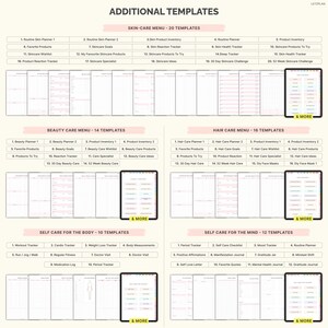 May include: Digital templates for skincare, beauty, and hair care, along with self-care planners. The image displays various menu options, including product inventories, trackers, and goal-setting sheets. The templates are designed for digital use.