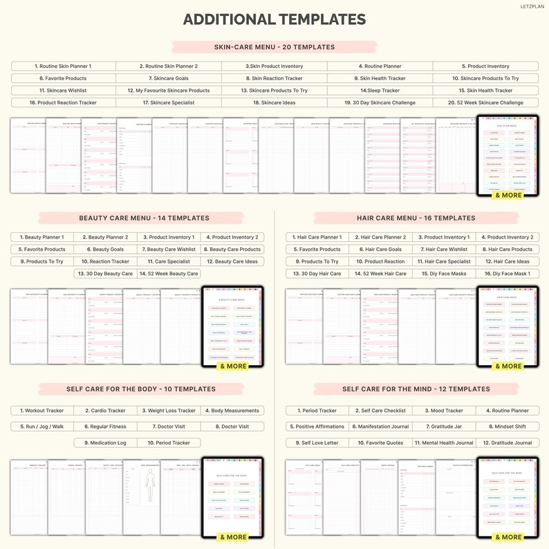 May include: Digital templates for skincare, beauty, and hair care, along with self-care planners. The image displays various menu options, including product inventories, trackers, and goal-setting sheets. The templates are designed for digital use.