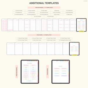 May include: Digital planner templates for prayer and tracking. The image shows a variety of templates, including a prayer menu with 17 templates and trackers with 8 templates. The templates are displayed on tablets and include sections for important dates, prayer needs, and more.