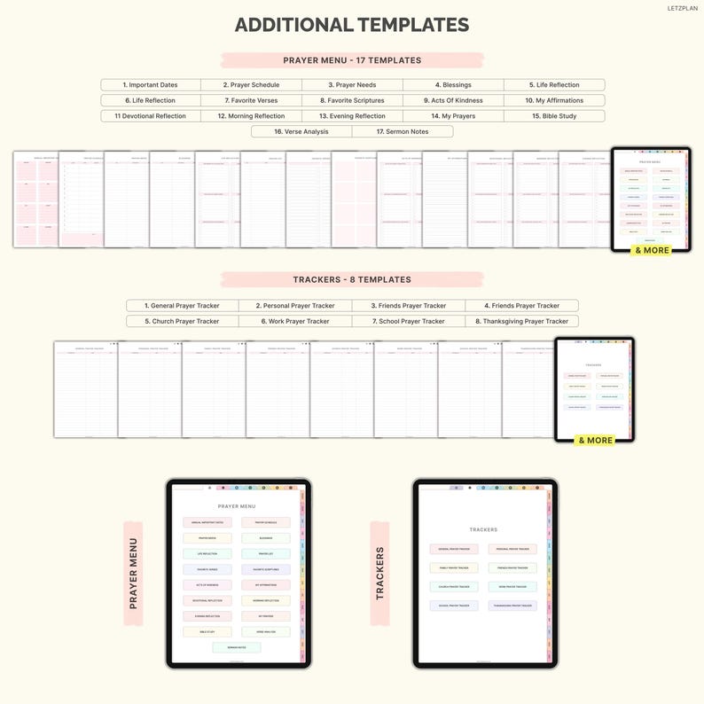 May include: Digital planner templates for prayer and tracking. The image shows a variety of templates, including a prayer menu with 17 templates and trackers with 8 templates. The templates are displayed on tablets and include sections for important dates, prayer needs, and more.