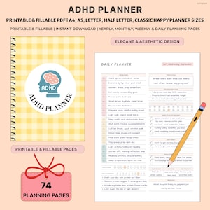 May include: ADHD planner with a yellow gingham cover and spiral binding. The planner includes daily, weekly, and monthly planning pages. The design is elegant and aesthetic, with a pink tag that says "74 Planning Pages". A pencil rests on the right side.