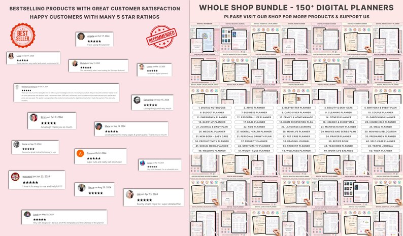 May include: Image features a collection of digital planners and customer reviews. The planners are displayed on tablets, showcasing various organizational tools. Customer testimonials with 5-star ratings are also visible, along with text that reads "Bestselling Products" and "Recommended."