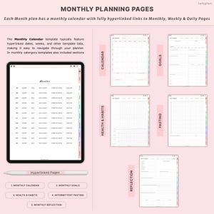 May include: Digital planner pages displayed on a tablet, showcasing monthly planning layouts. The pages include sections for calendars, goals, health, habits, intermittent fasting, and reflection. A stylus and text reading "Hyperlinked Pages" are also visible.