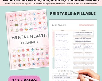 Mental Health Planner Printable | Mood Anxiety Tracker Journal | Self Care Wellness Therapy Workbook A4 A5 Bundle