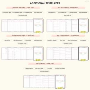 May include: Digital pet care templates displayed on tablets. The image shows various templates for pet care, including trackers for vaccinations, medication, and health history. The text reads "Additional Templates" and "Letoplan".