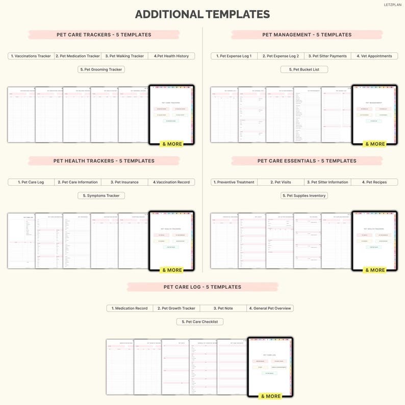 May include: Digital pet care templates displayed on tablets. The image shows various templates for pet care, including trackers for vaccinations, medication, and health history. The text reads "Additional Templates" and "Letoplan".