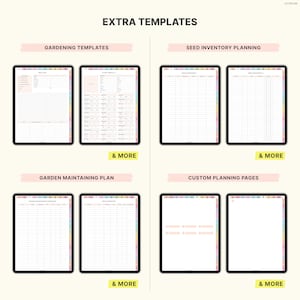 May include: Digital planner templates on black tablets. The templates include gardening, seed inventory, and custom planning pages. The text "EXTRA TEMPLATES" and other category titles are visible. Each tablet has a colourful side tab.