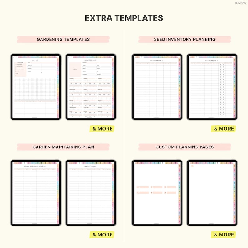 May include: Digital planner templates on black tablets. The templates include gardening, seed inventory, and custom planning pages. The text "EXTRA TEMPLATES" and other category titles are visible. Each tablet has a colourful side tab.