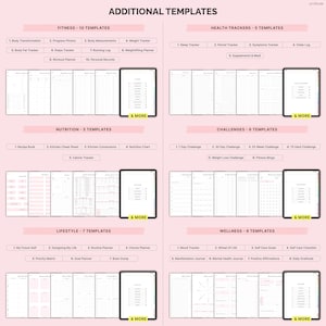May include: Digital templates for fitness, health, nutrition, lifestyle, challenges, and wellness. Includes trackers, planners, and journals. Categories include body transformation, recipe books, mood trackers, and more. The image displays various templates with titles like "Additional Templates" and "Let's Plan".
