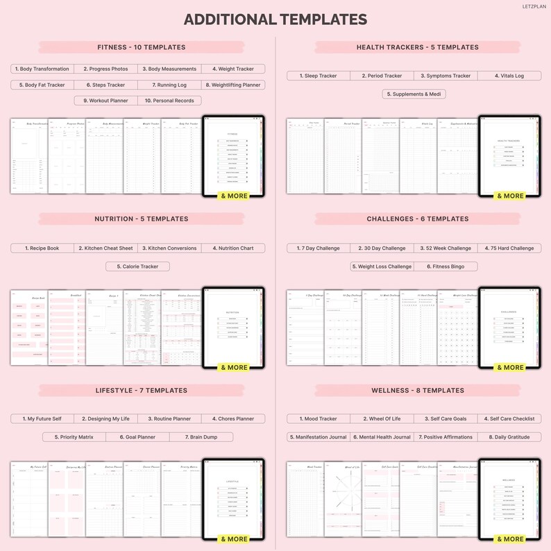 May include: Digital templates for fitness, health, nutrition, lifestyle, challenges, and wellness. Includes trackers, planners, and journals. Categories include body transformation, recipe books, mood trackers, and more. The image displays various templates with titles like "Additional Templates" and "Let's Plan".